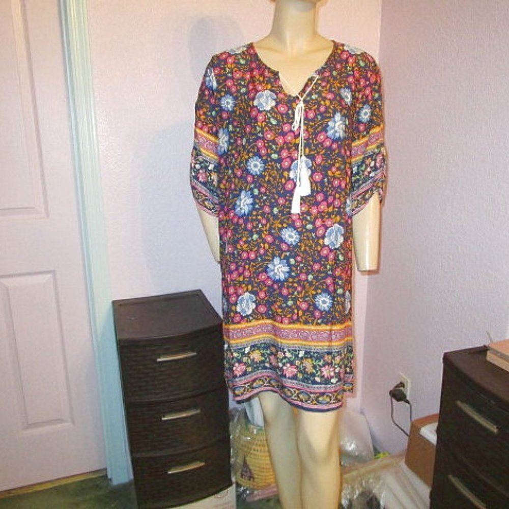 Halife Boho Tassel Shift Dress Size M Floral Peasant Cottagecore Beach Coverup